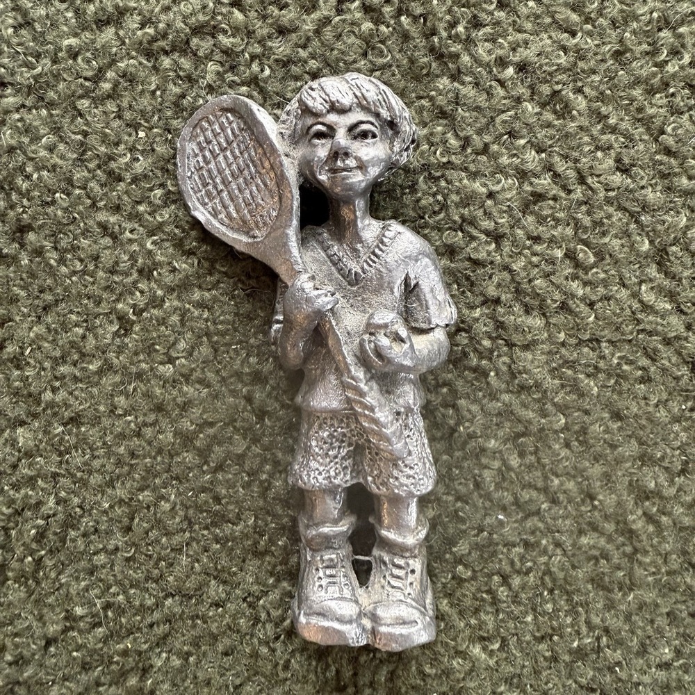 3" Pewter Sculpture Standing Boy Tennis Player Racket Vintage Statue Sports